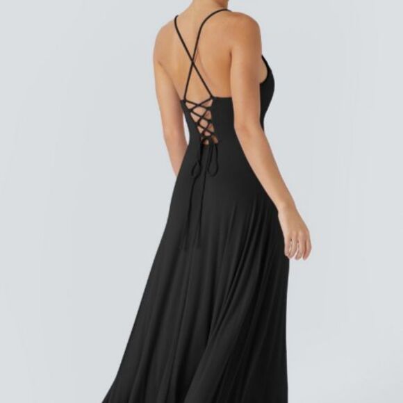 Halara Soft Stretchy Draped Neck Open Back Lace Up Padded Maxi Dress Size Large - Picture 11 of 11